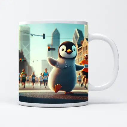 Cute Penguin Running City Street Marathon