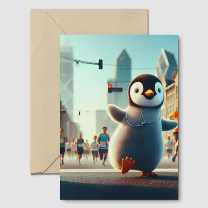 Cute Penguin Running City Street Marathon