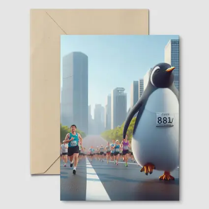 Penguin Running City Marathon Race Art