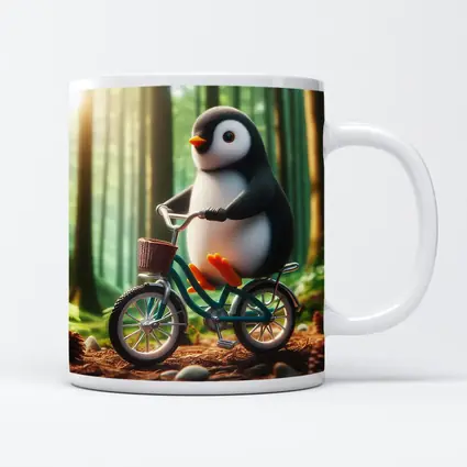 Cute Penguin Riding Bicycle Forest Background