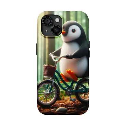 Cute Penguin Riding Bicycle Forest Background
