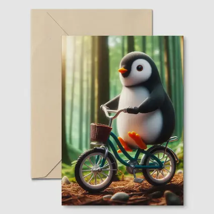 Cute Penguin Riding Bicycle Forest Background