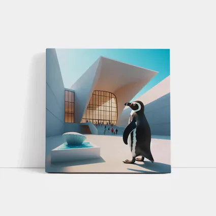 Penguin Standing Outside Modern Architecture Building