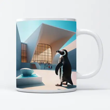 Penguin Standing Outside Modern Architecture Building