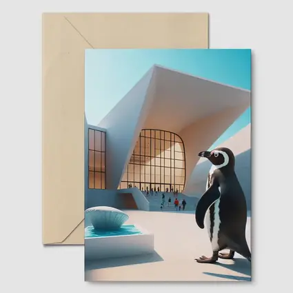 Penguin Standing Outside Modern Architecture Building
