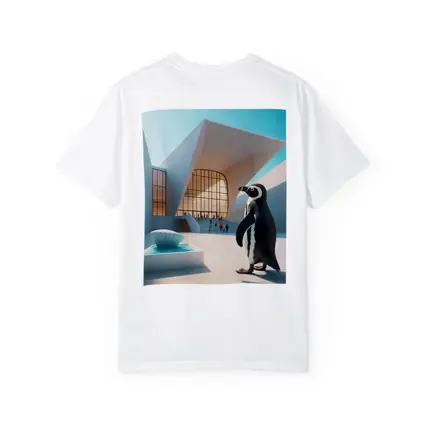 Penguin Standing Outside Modern Architecture Building