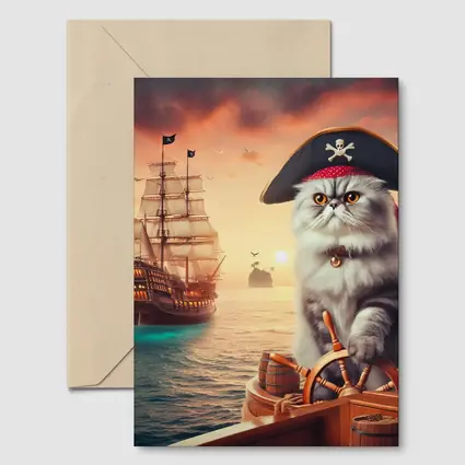 Persian Cat Pirate Ship Sunset Ocean