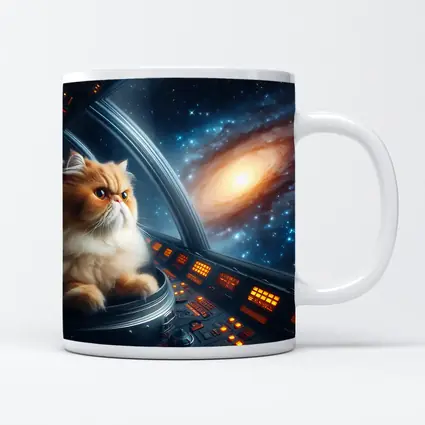 Persian Cat Piloting Spaceship Galaxy Background