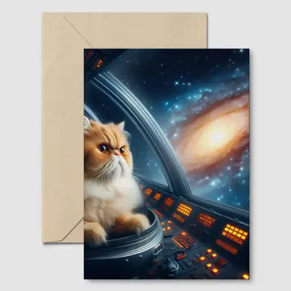 Persian Cat Piloting Spaceship Galaxy Background