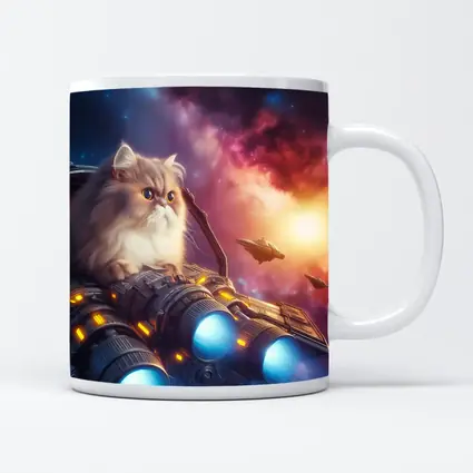 Persian Cat Riding Spaceship Galaxy Background