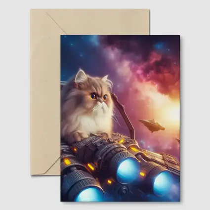 Persian Cat Riding Spaceship Galaxy Background