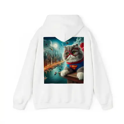 Persian Cat Superhero Over City Skyline