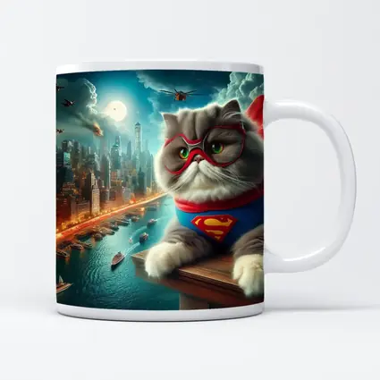 Persian Cat Superhero Over City Skyline