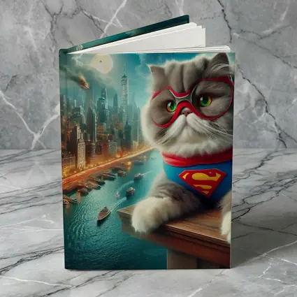 Persian Cat Superhero Over City Skyline