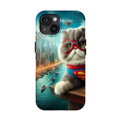 Persian Cat Superhero Over City Skyline