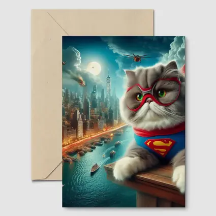 Persian Cat Superhero Over City Skyline
