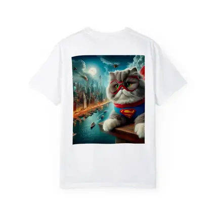 Persian Cat Superhero Over City Skyline