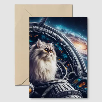 Persian Cat Piloting Spaceship Galaxy Background