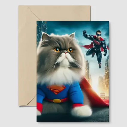 Persian Cat Superman Costume City Background