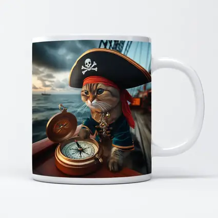 Pirate Cat With Compass On Ship