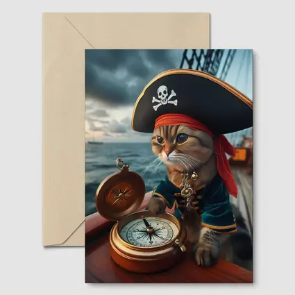 Pirate Cat With Compass On Ship