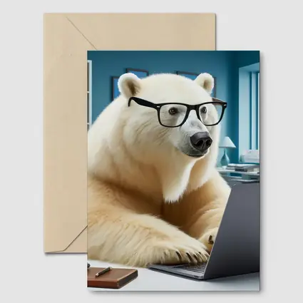 Polar Bear With Glasses Working Office Laptop