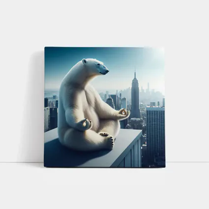 Polar Bear Meditating Over City Skyline