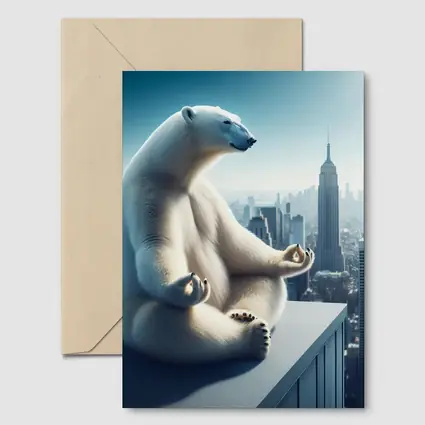 Polar Bear Meditating Over City Skyline