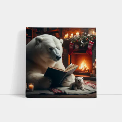 Polar Bear Reading Book Christmas Fireplace