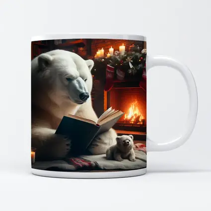 Polar Bear Reading Book Christmas Fireplace