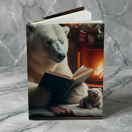 Polar Bear Reading Book Christmas Fireplace