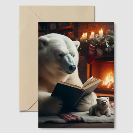 Polar Bear Reading Book Christmas Fireplace
