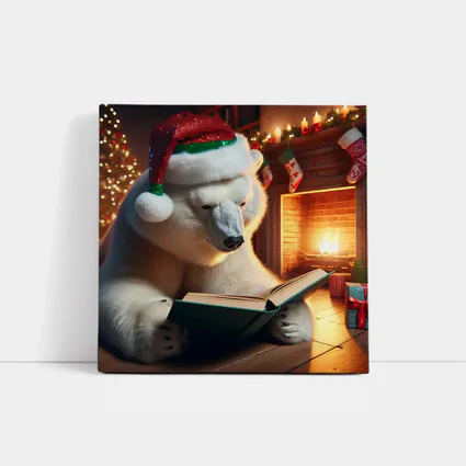 Polar Bear Reading Book Christmas Fireplace