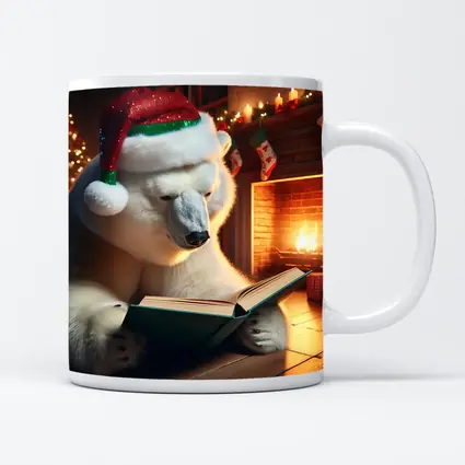 Polar Bear Reading Book Christmas Fireplace