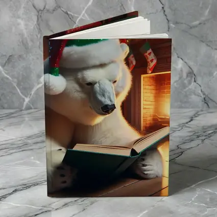 Polar Bear Reading Book Christmas Fireplace