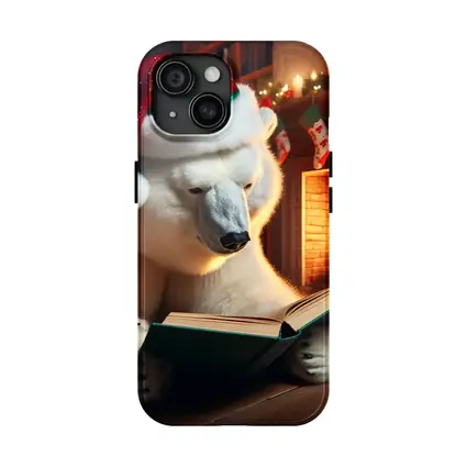 Polar Bear Reading Book Christmas Fireplace