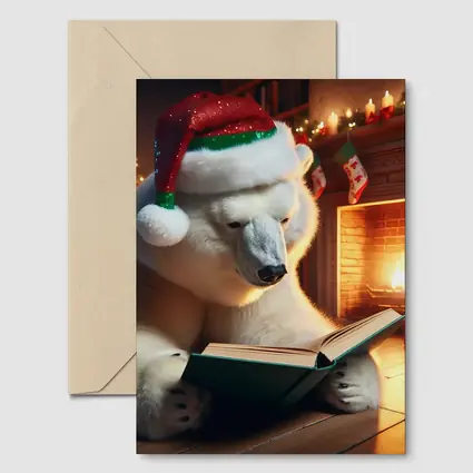 Polar Bear Reading Book Christmas Fireplace