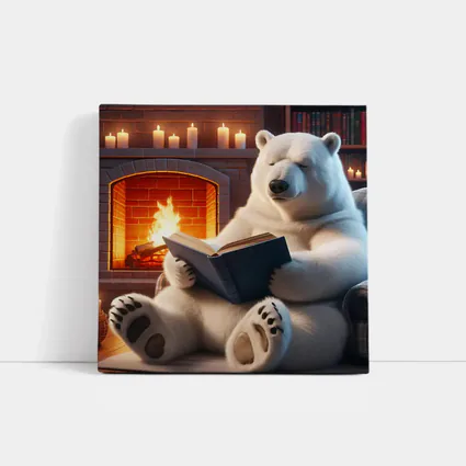 Polar Bear Reading Book By Fireplace
