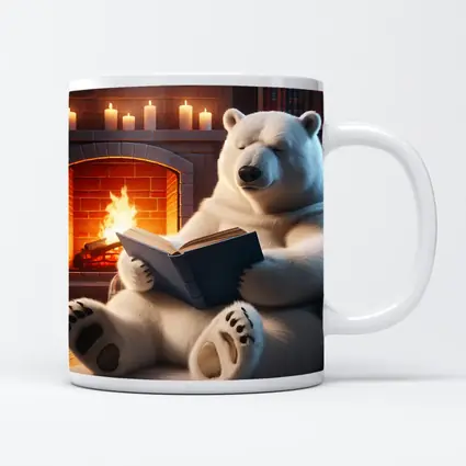 Polar Bear Reading Book By Fireplace