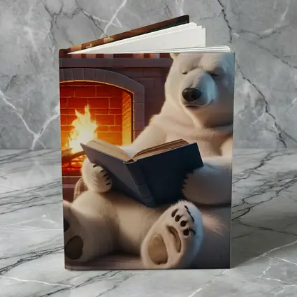 Polar Bear Reading Book By Fireplace
