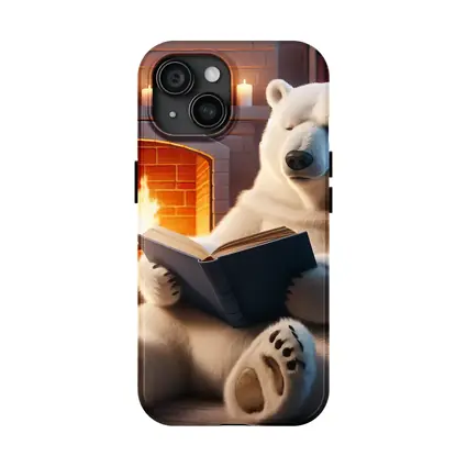 Polar Bear Reading Book By Fireplace