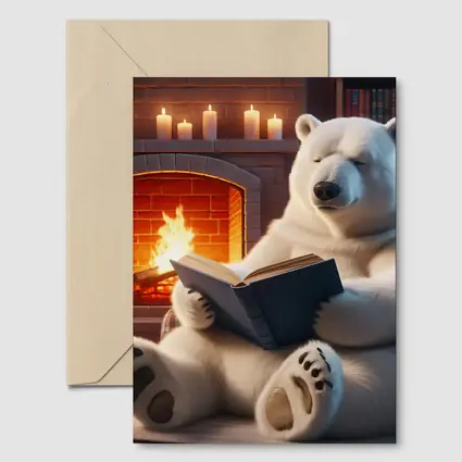 Polar Bear Reading Book By Fireplace