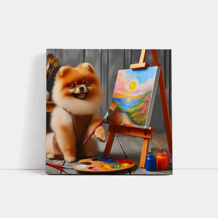 Pomeranian Dog Artist Painting on Easel
