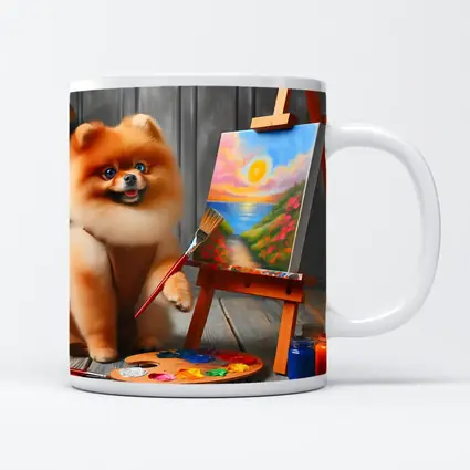 Pomeranian Dog Artist Painting on Easel