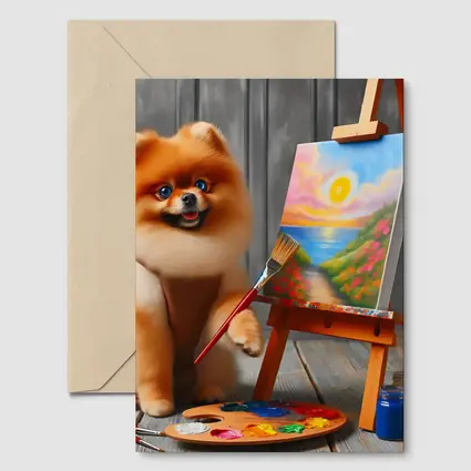 Pomeranian Dog Artist Painting on Easel