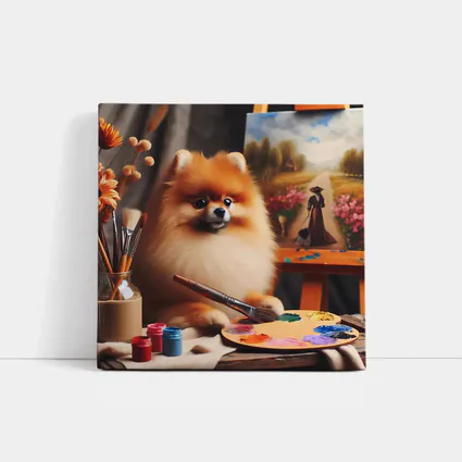 Pomeranian Artist Painting On Studio Easel