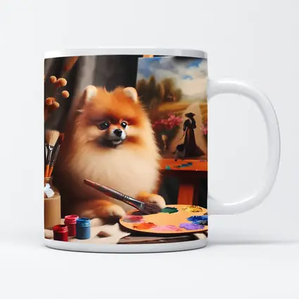 Pomeranian Artist Painting On Studio Easel