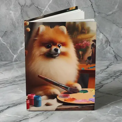 Pomeranian Artist Painting On Studio Easel