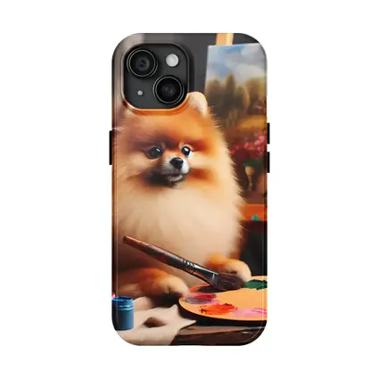 Pomeranian Artist Painting On Studio Easel