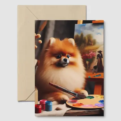 Pomeranian Artist Painting On Studio Easel